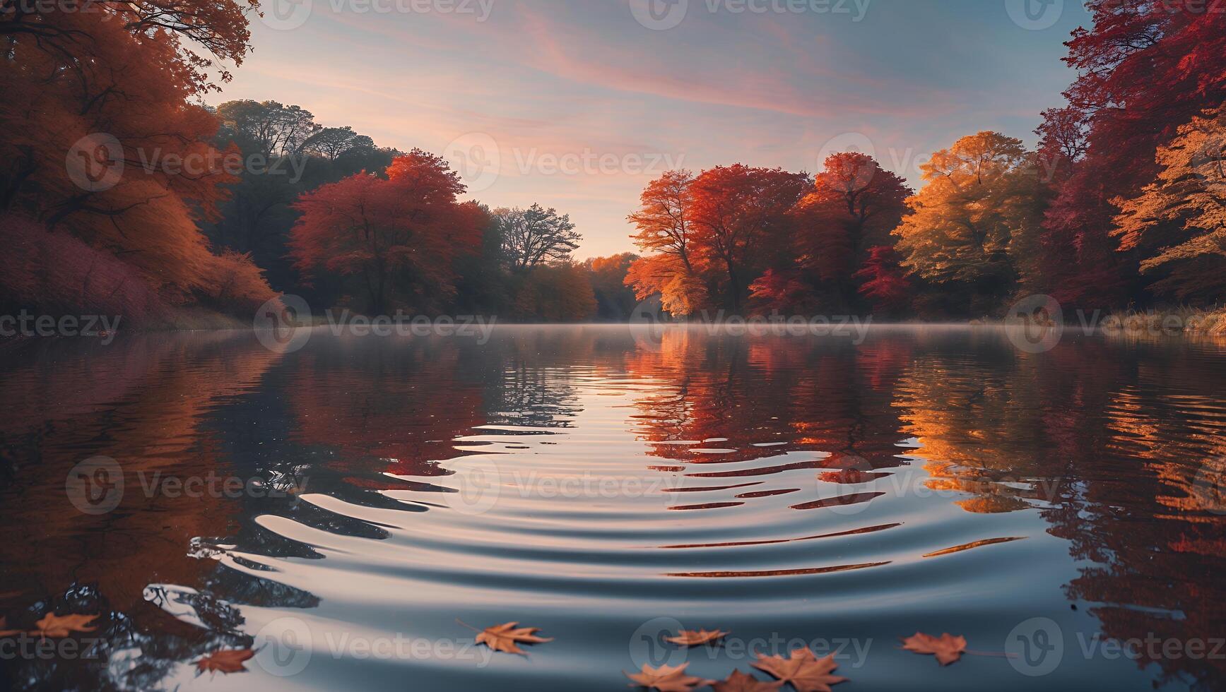 Autumn Trees Reflecting on a Calm Lake at Dawn photo