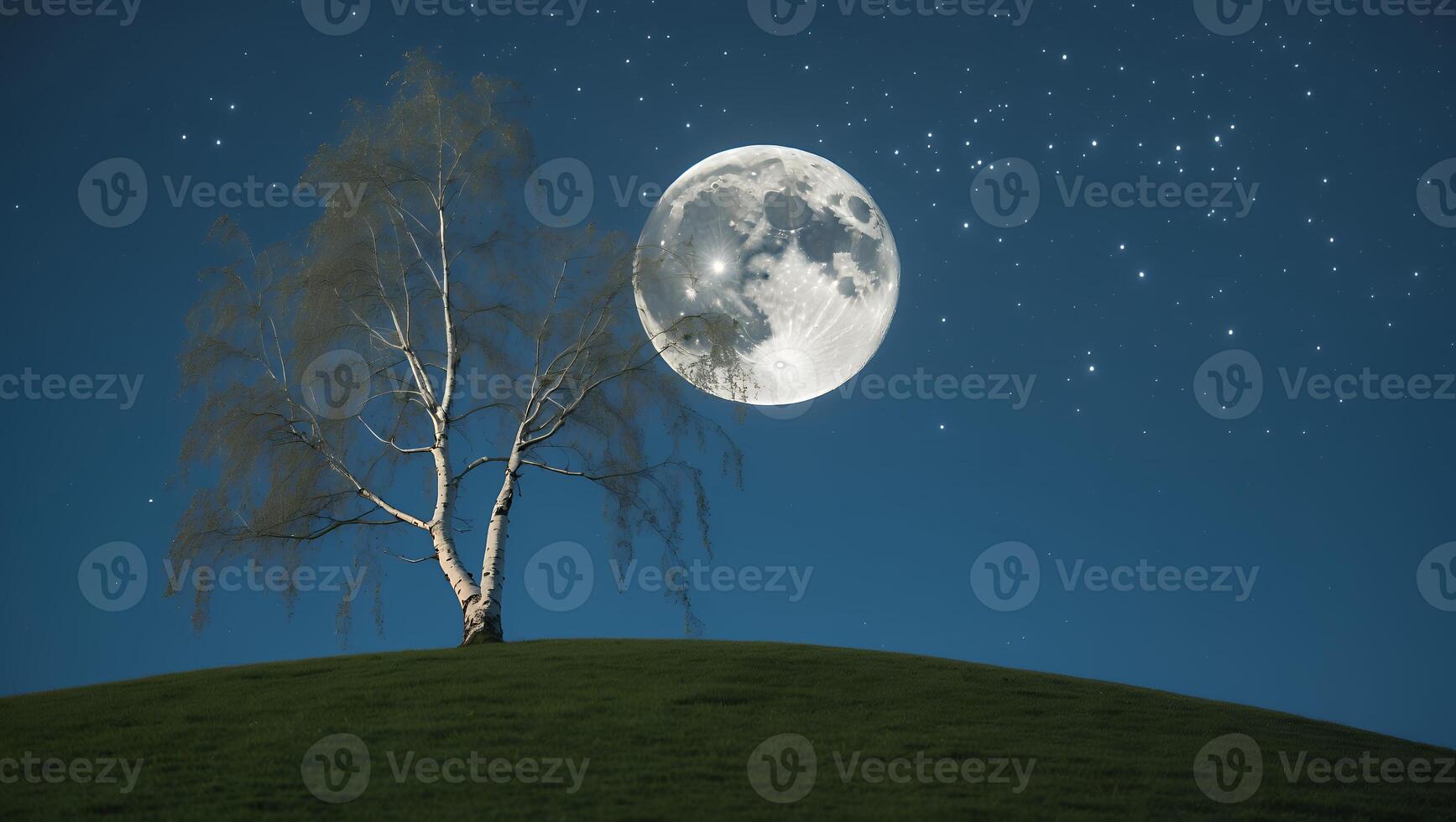 Tree and Moon on Hill at Night photo