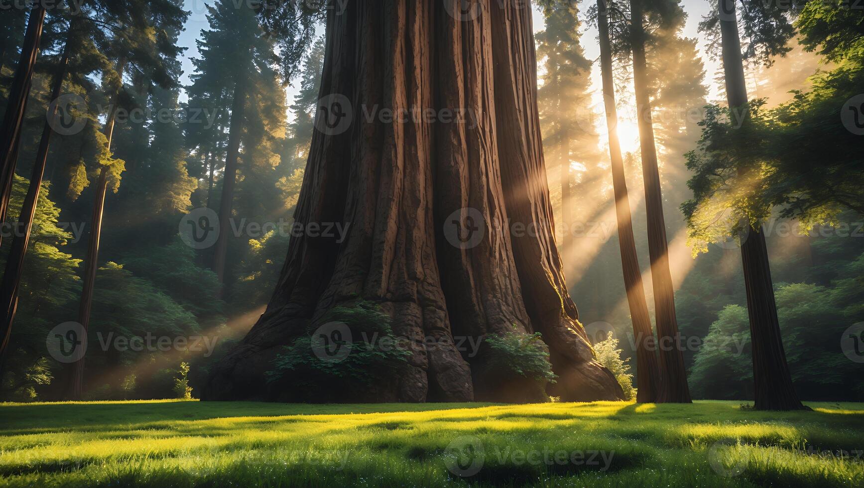 Giant Sequoia Tree in Forest with Light Rays photo