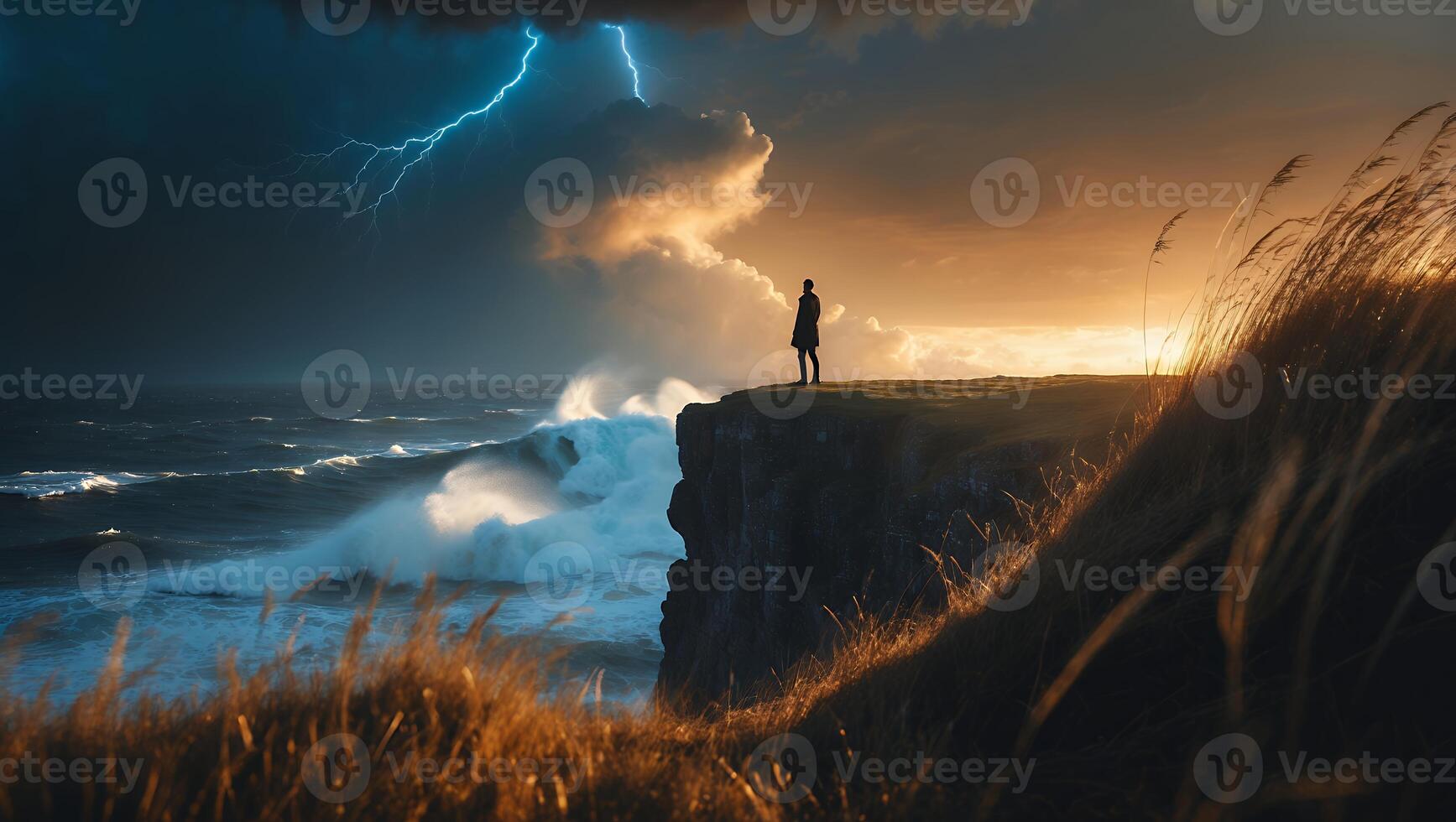 Person on Cliff During Storm with Lightning and Waves photo