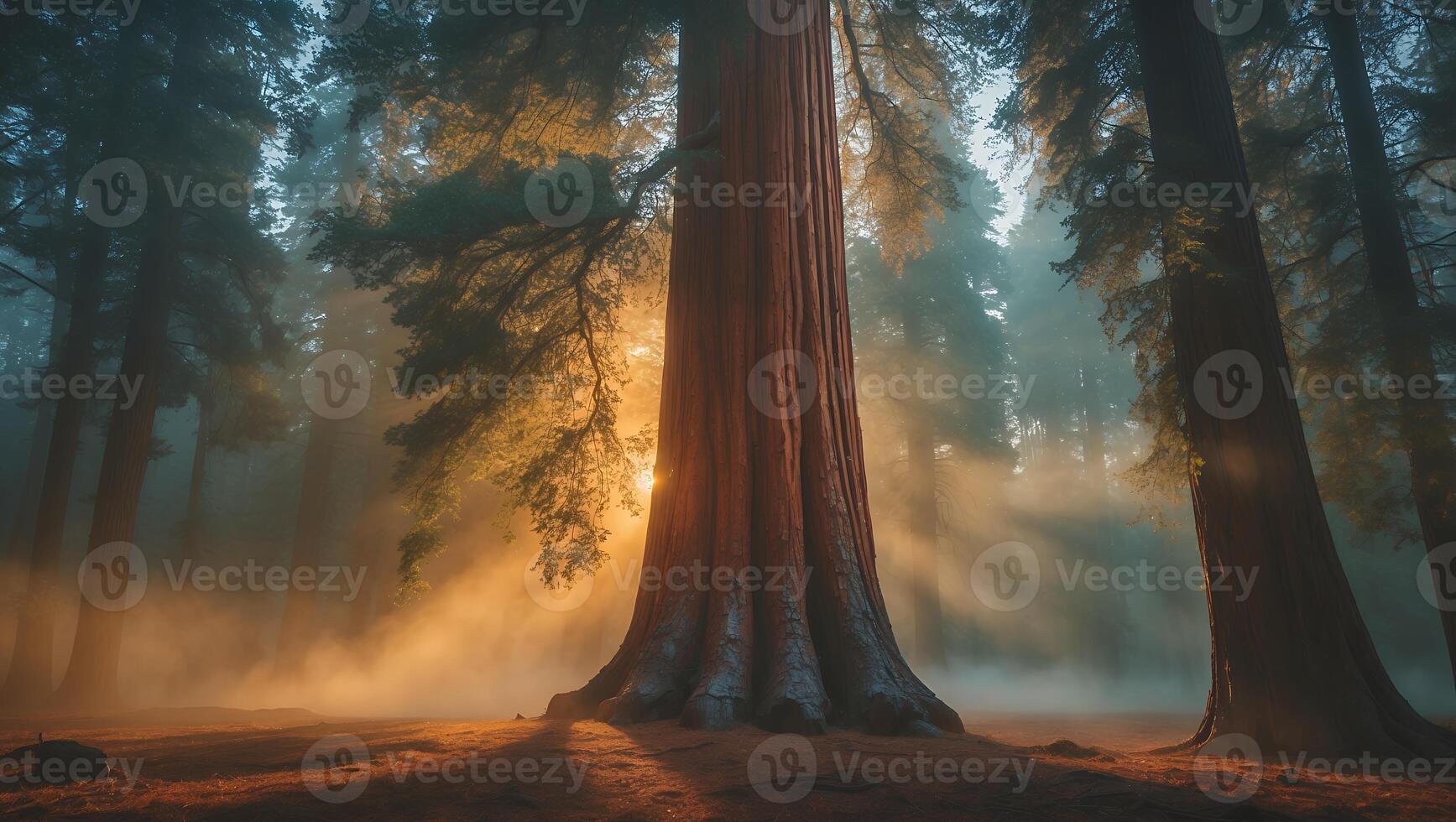Sequoia Trees in Forest with Sunlight and Mist photo
