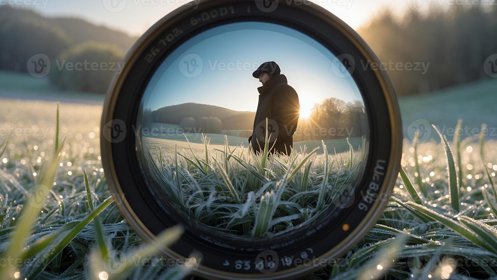 Man Standing in Frosty Field Seen Through Camera Lens photo