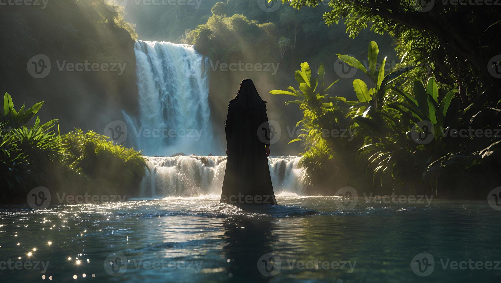 Person in Robe Standing in Front of a Waterfall in a Jungle photo