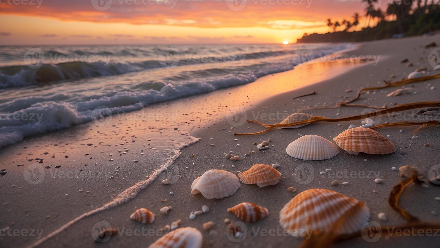 Seashells on Beach at Sunset Sand and Waves photo