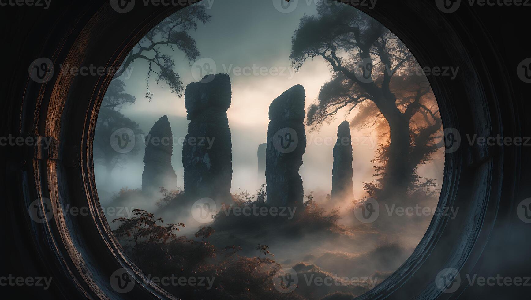 Standing Stones in Mist, Mysterious Landscape Through Stone Window photo