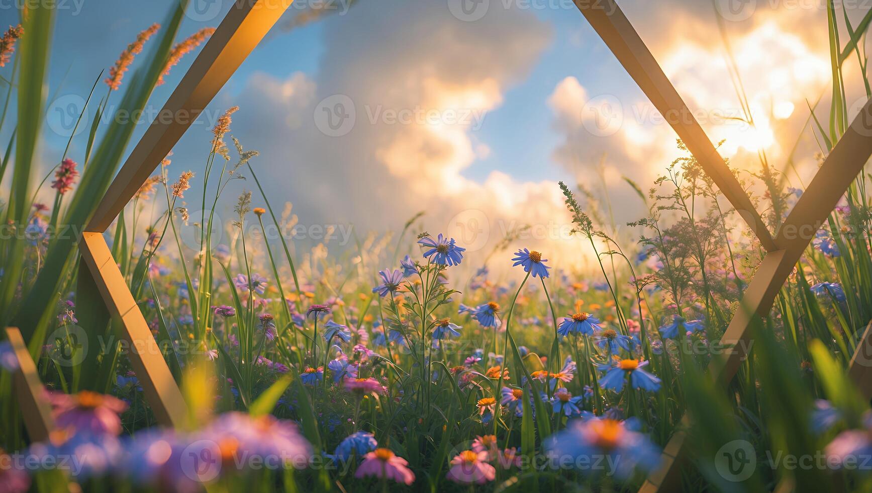 Flower Field Under Bright Sky with Sunlight photo