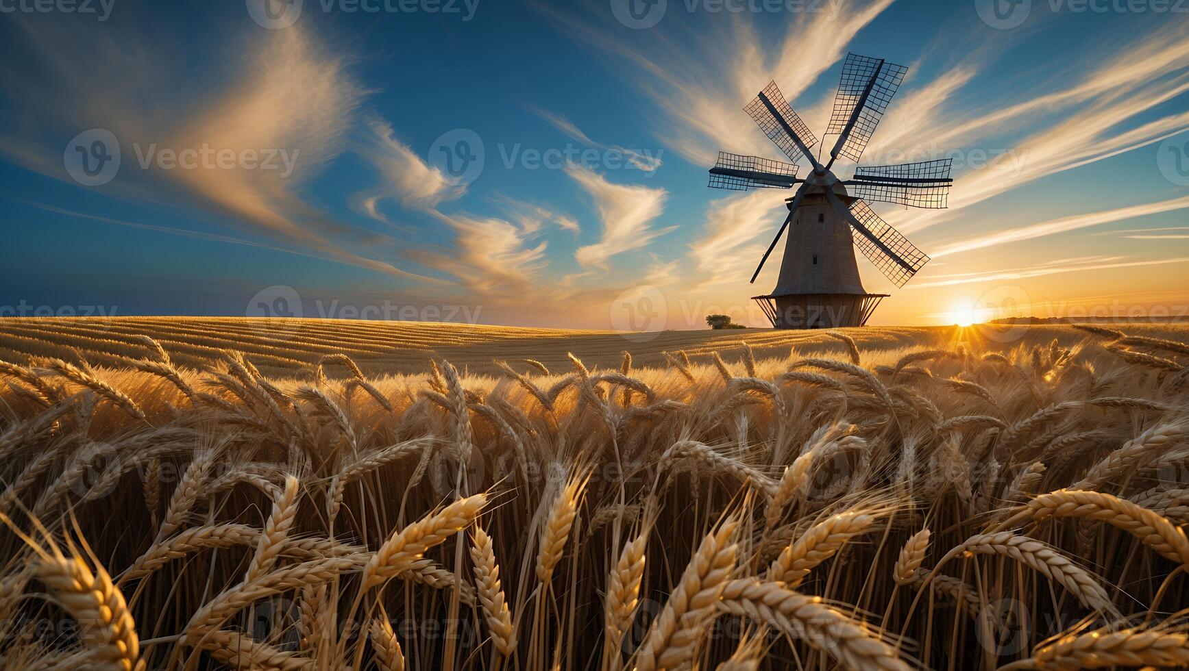 A windmill and wheat field at sunset photo