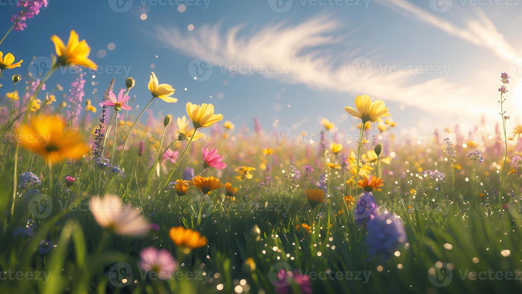 Colorful Flower Field Under Blue Sky photo