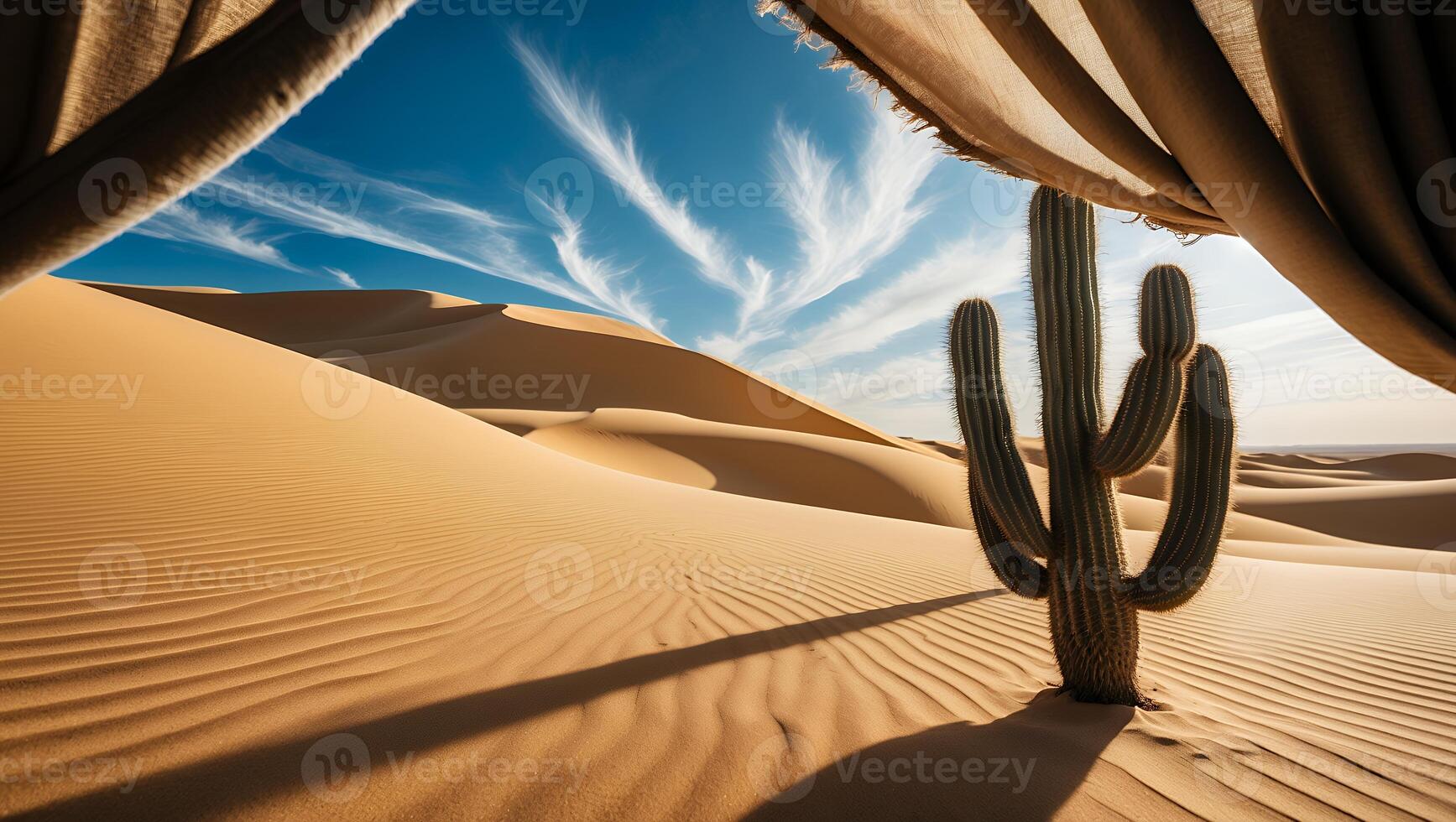 Cactus in Desert with Blue Sky and Clouds View Through Drapery photo