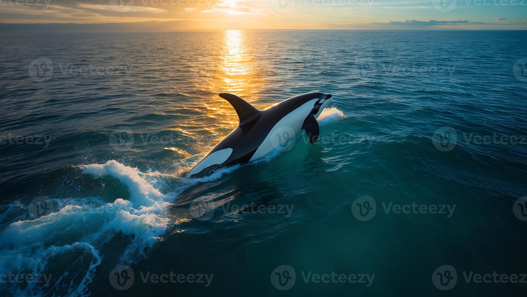 Orca Whale Leaping From Ocean at Sunset photo