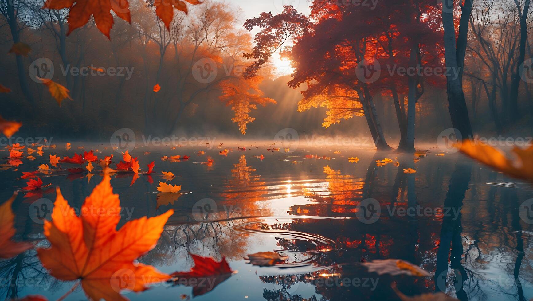 Autumn Leaves Reflecting in Lake Water with Fog and Sunlight photo