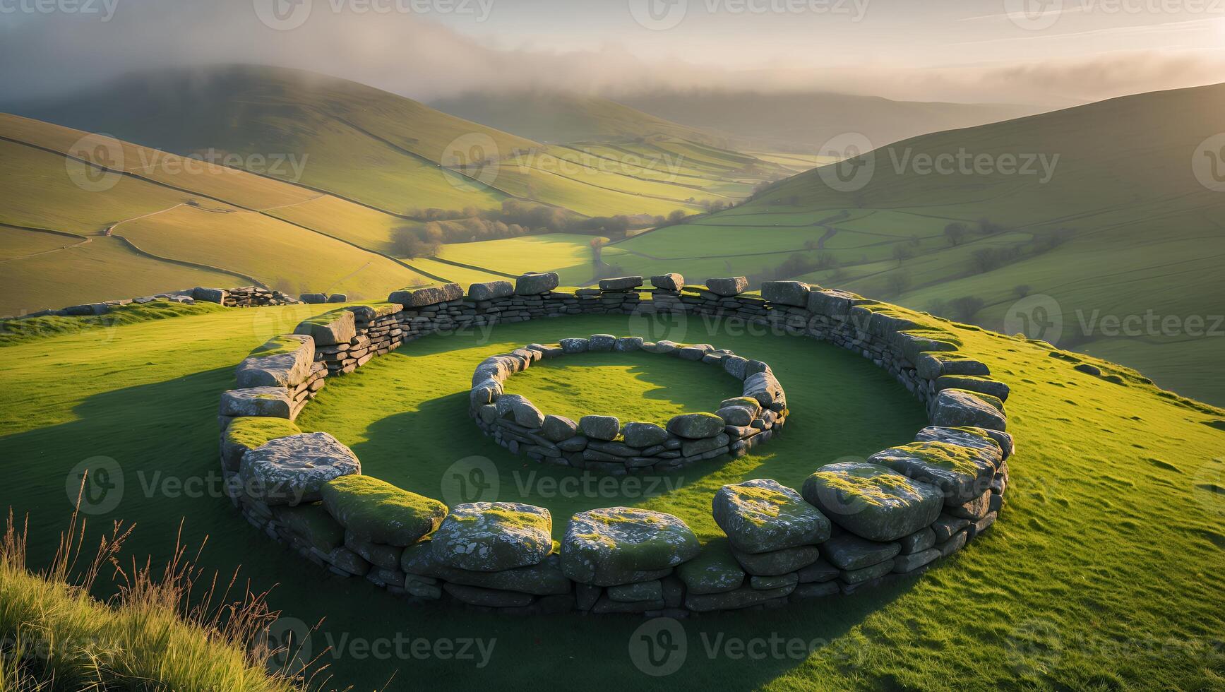 Stone Circle on Green Hill at Sunrise in Rural Landscape photo
