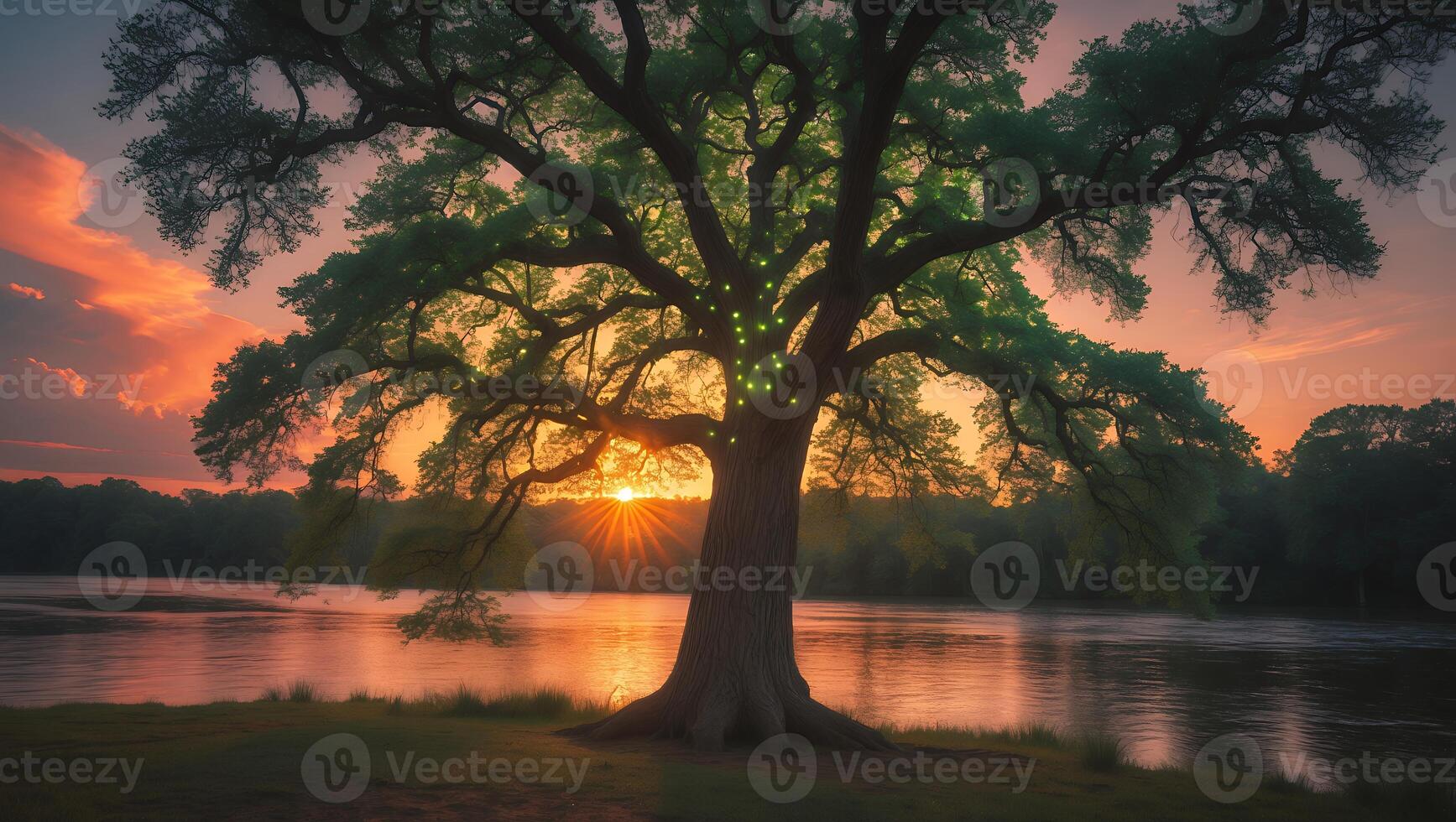 Tree at Sunset Over Water photo