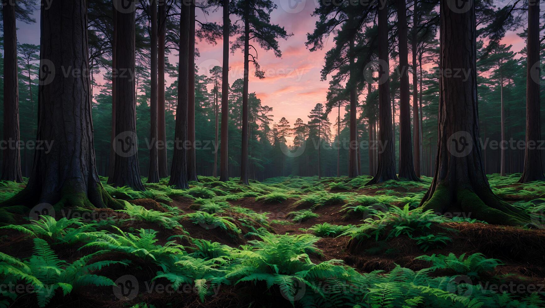Forest Landscape with Ferns and Trees at Sunset photo
