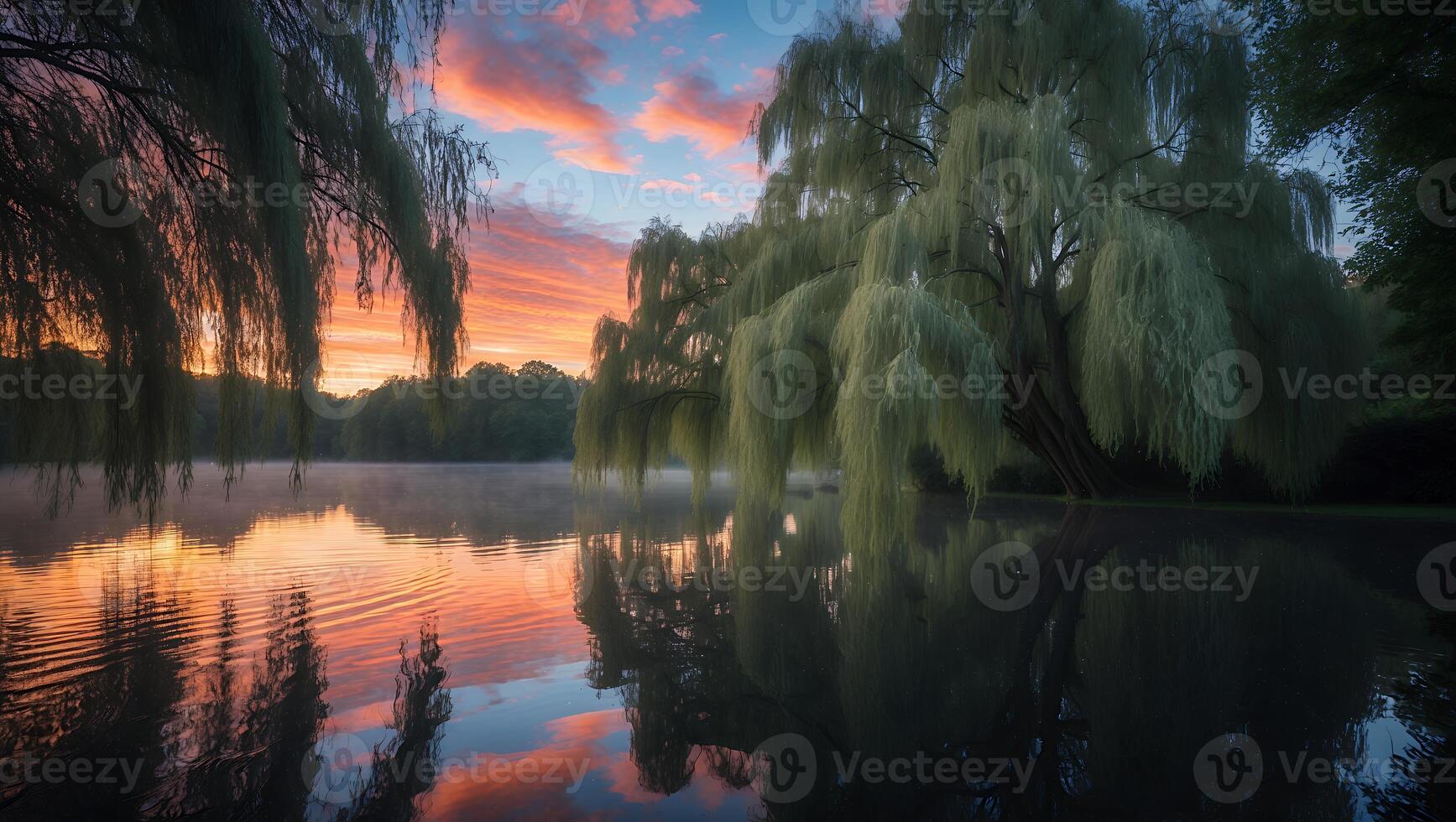 Willow Tree Reflecting in Water Under Colorful Sky photo