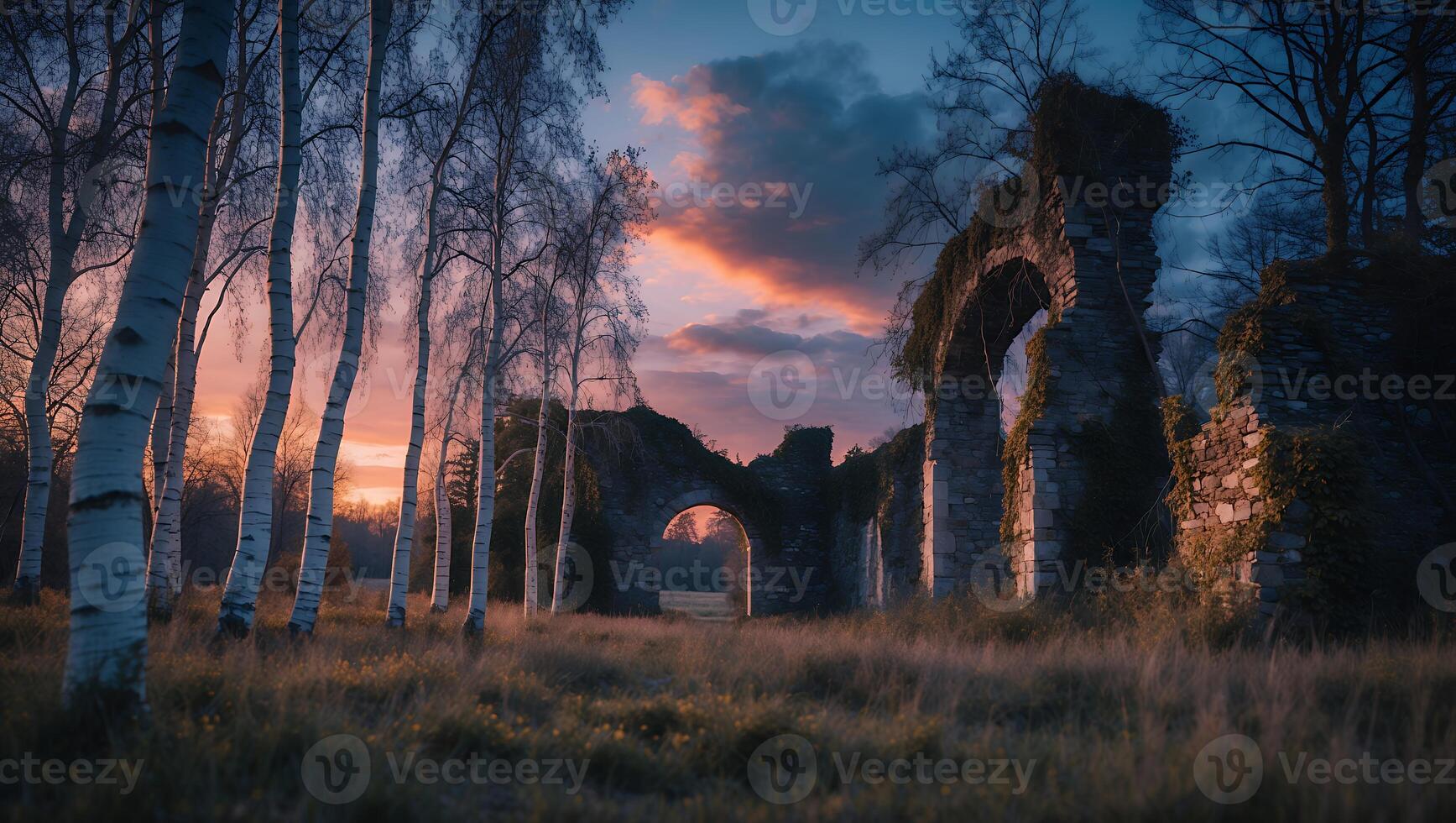 Stone Ruin with Birch Trees at Dusk photo