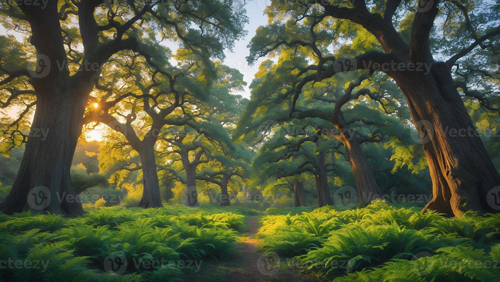 Lush Forest Path with Sunlight Filtering Through Trees photo