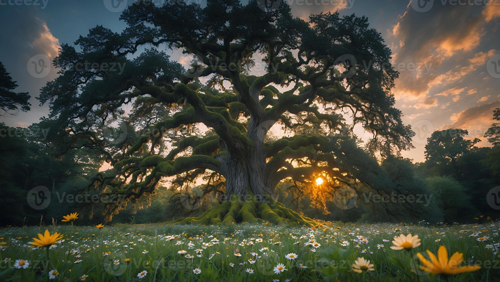 Majestic Old Tree with Meadow of Flowers at Golden Sunset photo