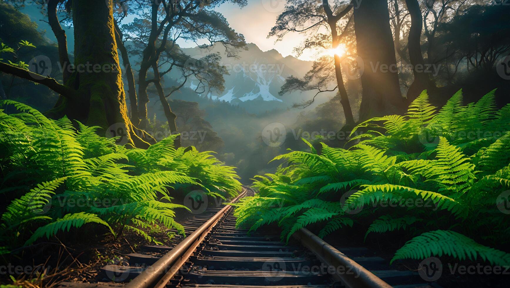 Forest Railway with Sun and Mountain View photo