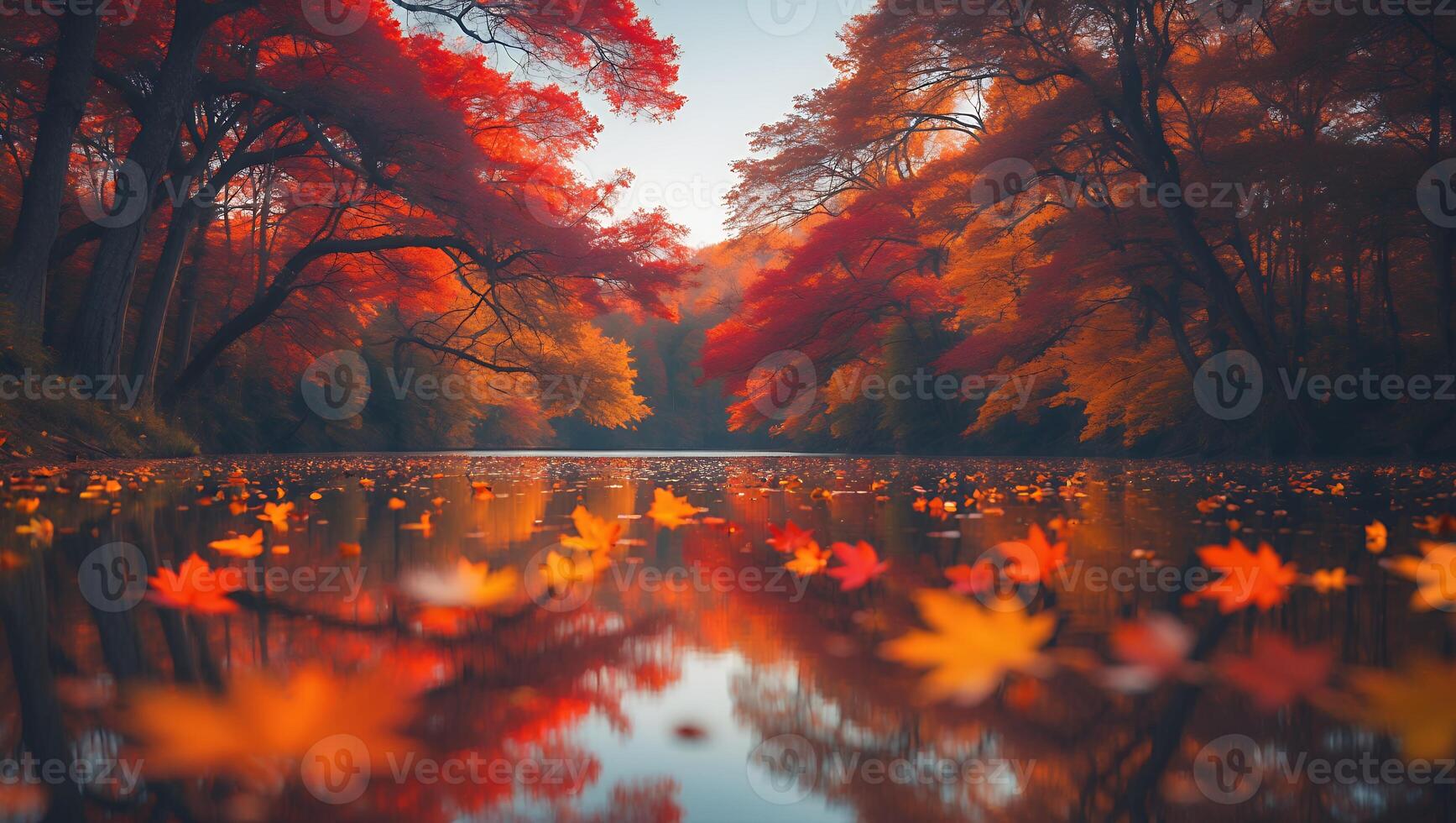 Autumn Leaves on Water Reflection in Forest photo