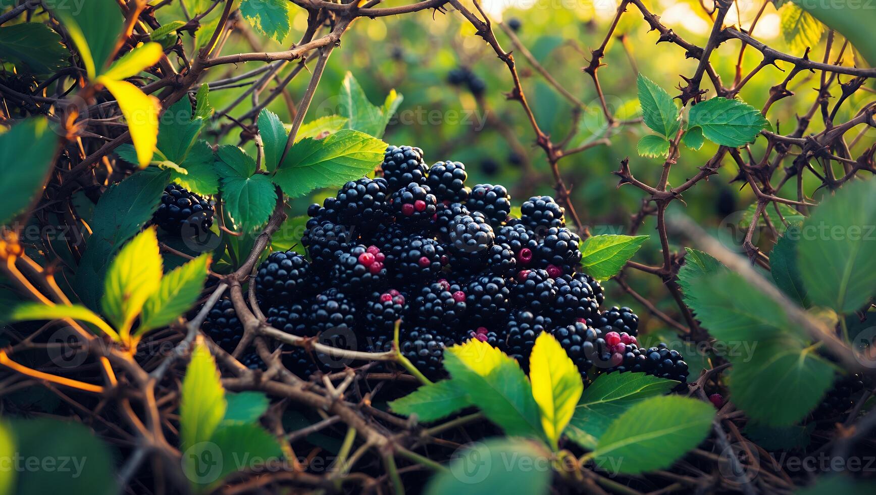 Fresh Blackberry Growing on Spiky Branch photo