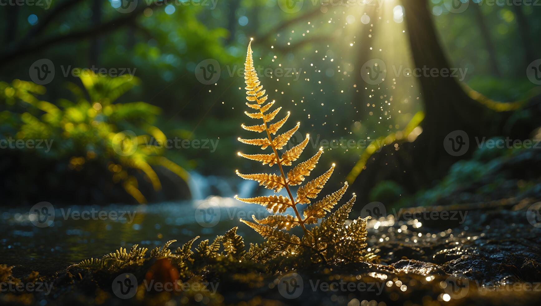 Fern in Forest with Sunlight and Stream photo