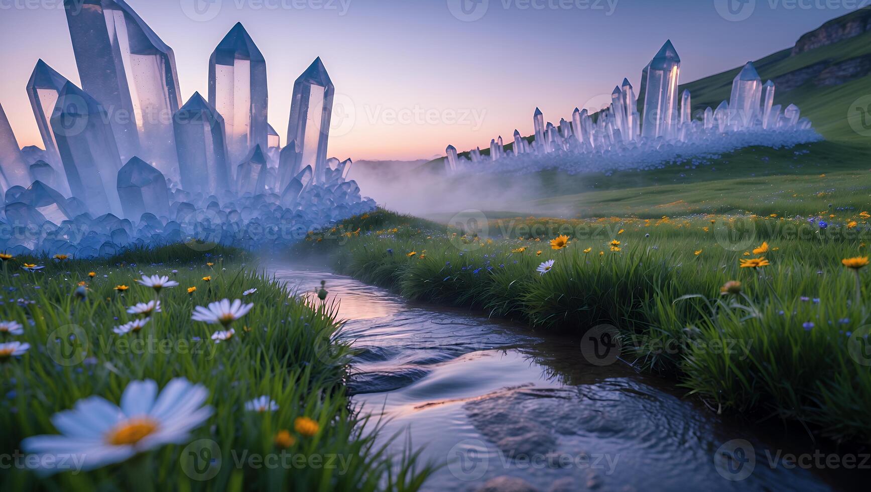Crystal Field Landscape with River at Sunset Background Scenery photo