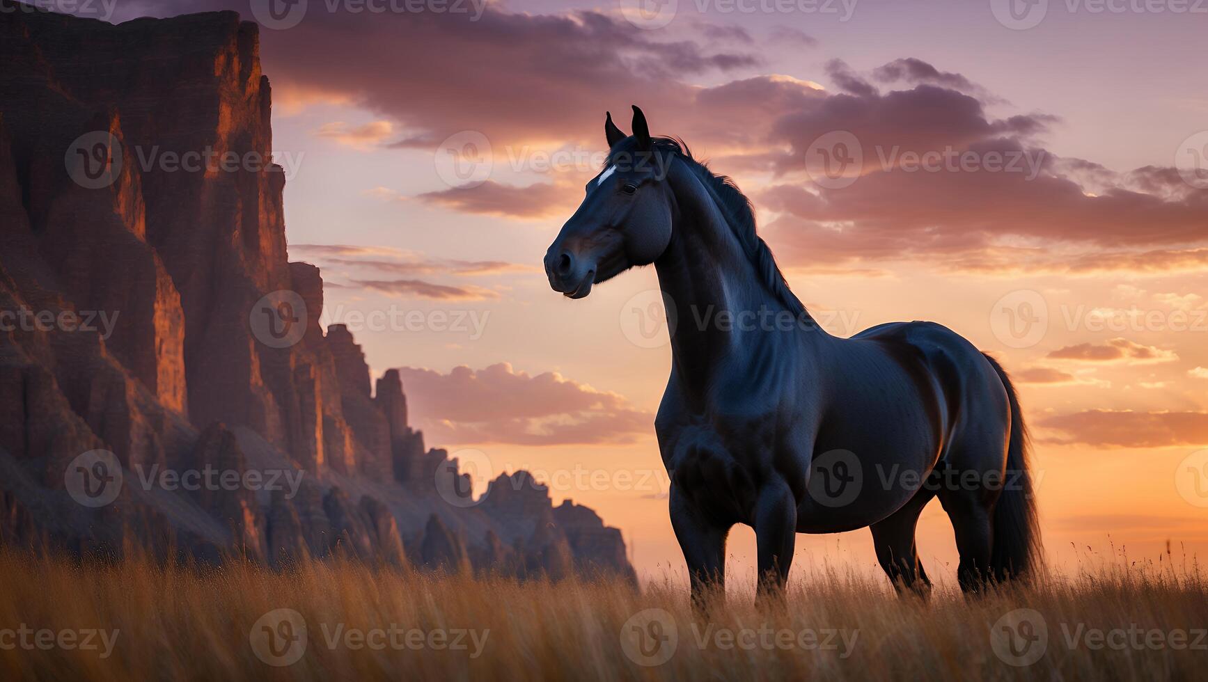 Black Horse in Grassy Field with Mountain at Sunset photo