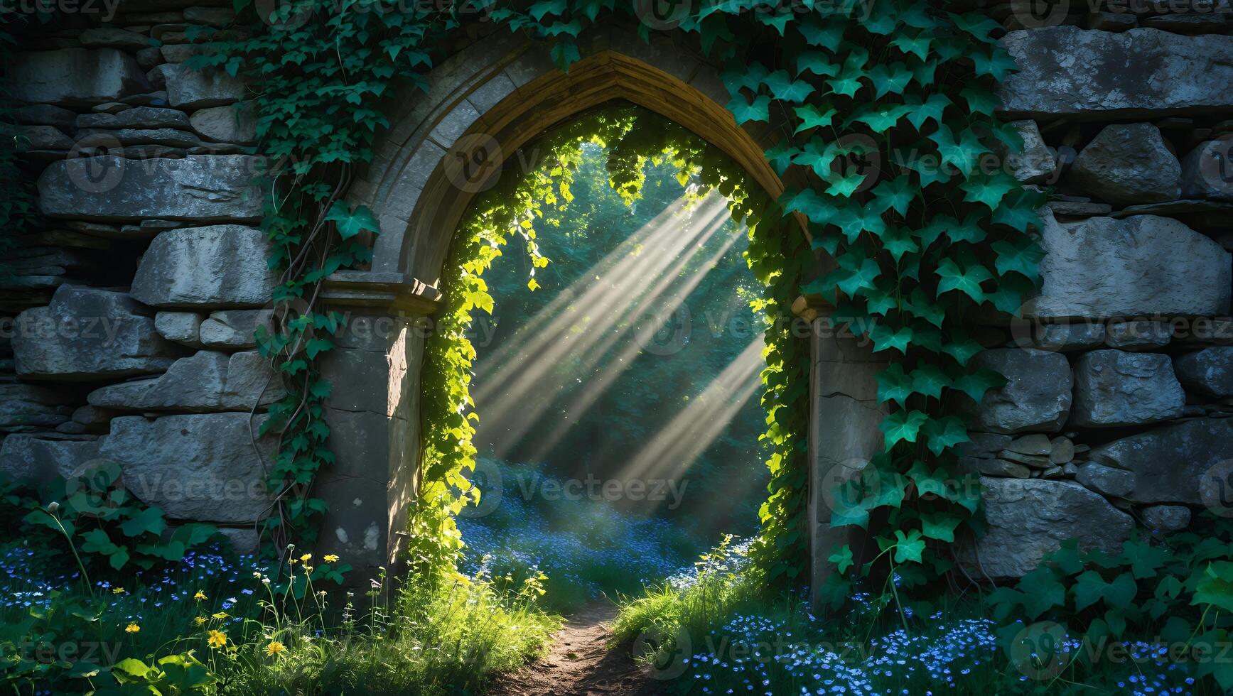 Stone Archway with Sunlight and Ivy in Garden Landscape photo