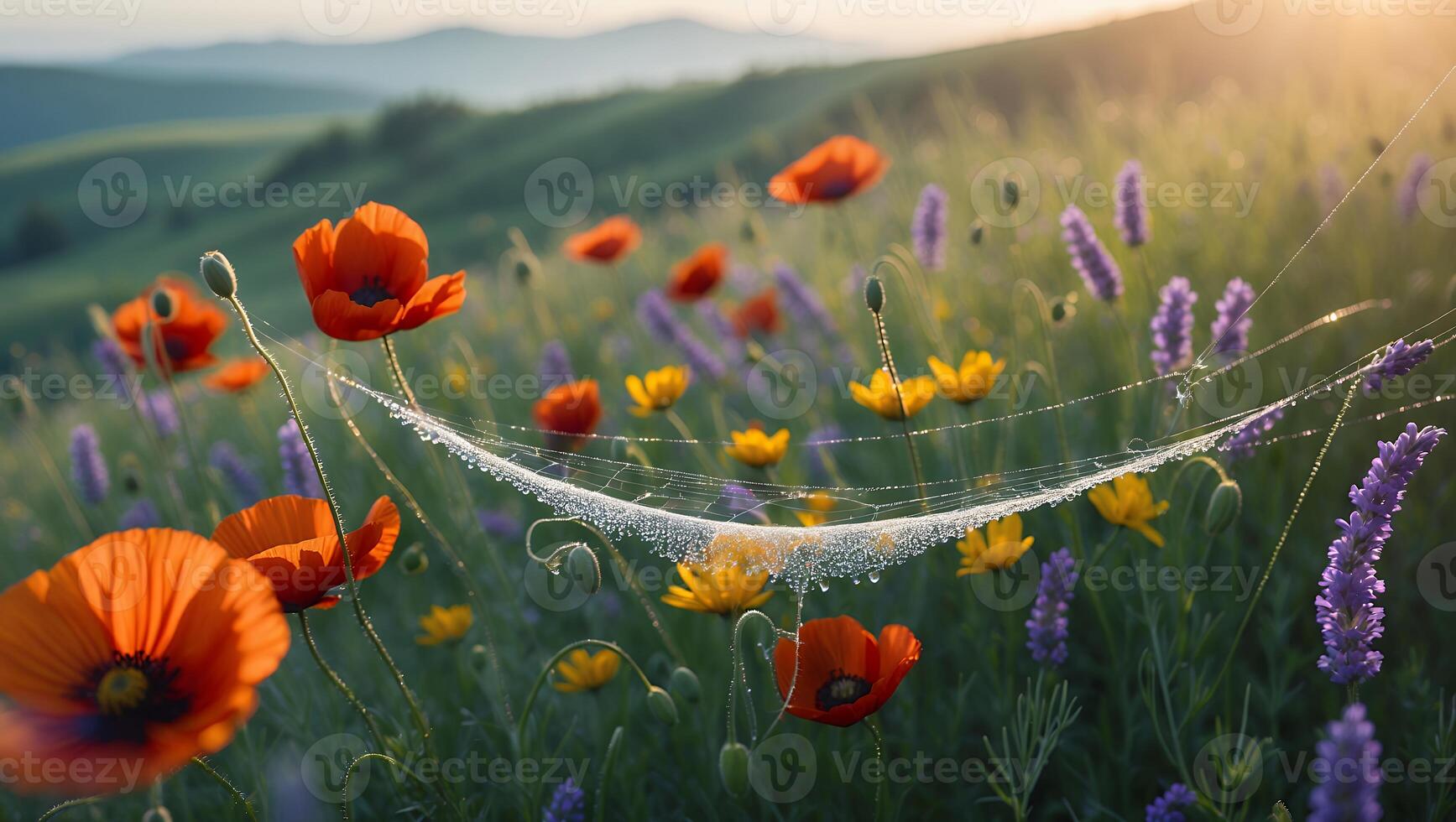 Poppy Flower Field with Dewdrops on Spider Web at Sunrise photo