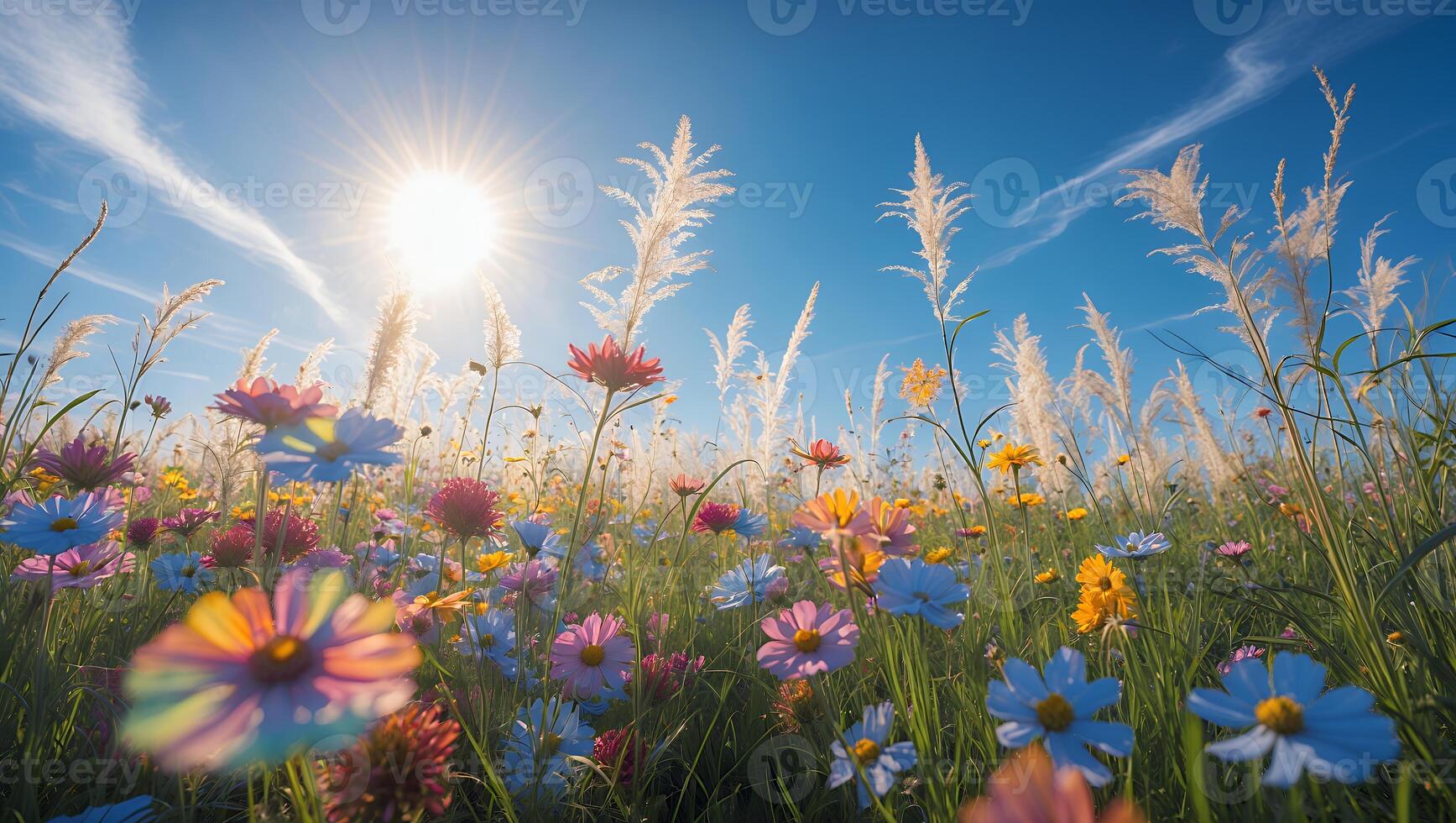 Flower Meadow with Blue Sky and Sunlight photo