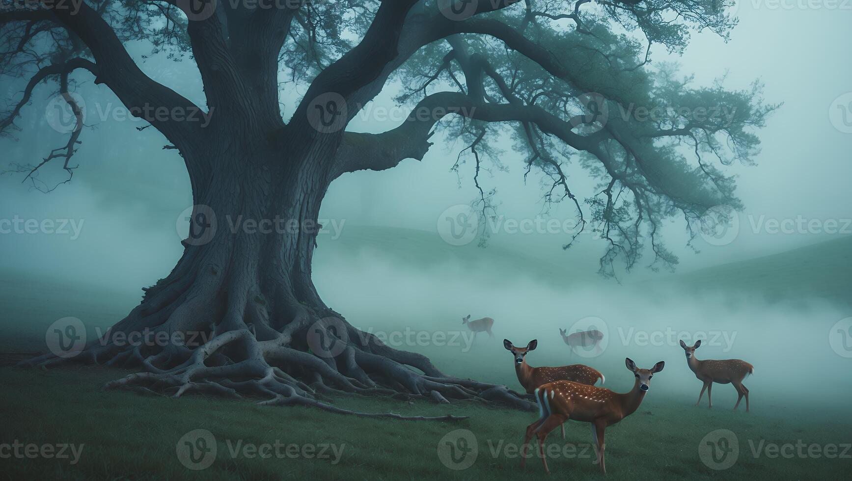 Deer Under Tree in Foggy Field photo