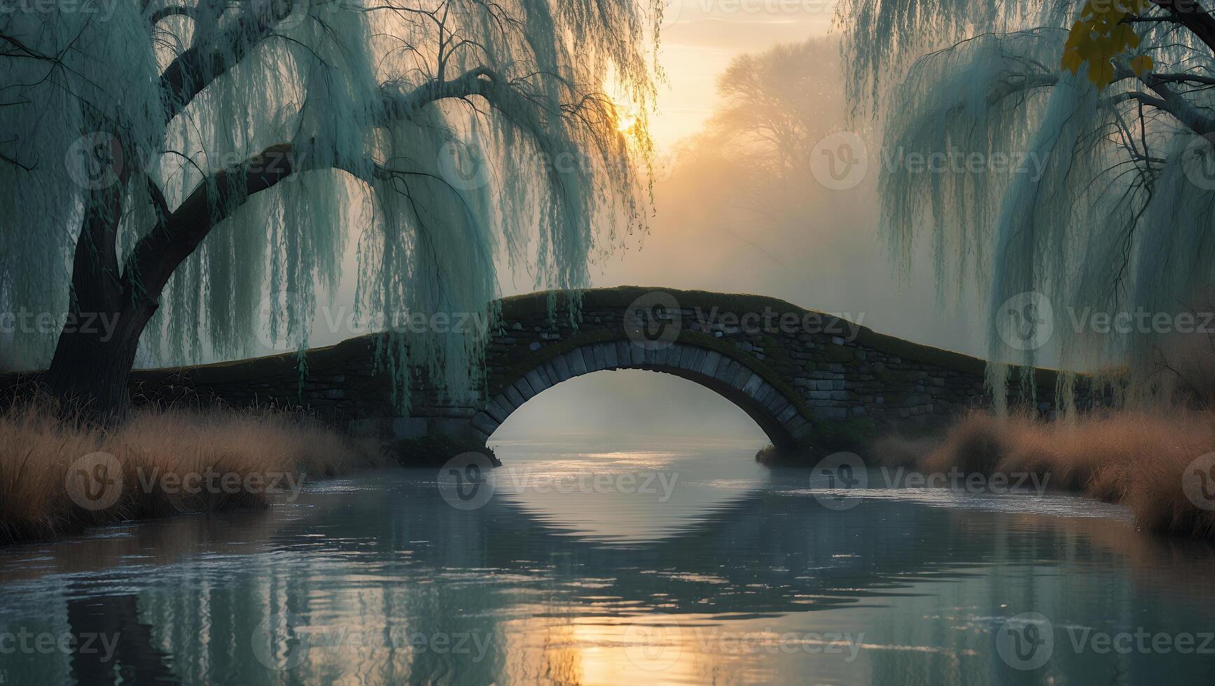 Stone Bridge Under Willow Tree in Misty Setting photo