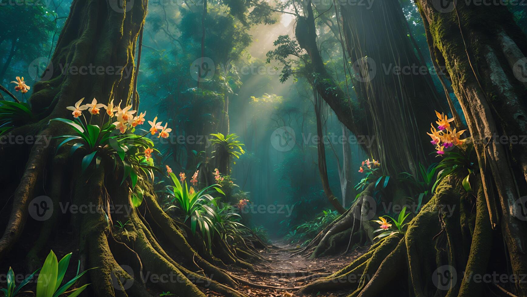 Tropical Forest with Sunlight, Trees and Orchids photo