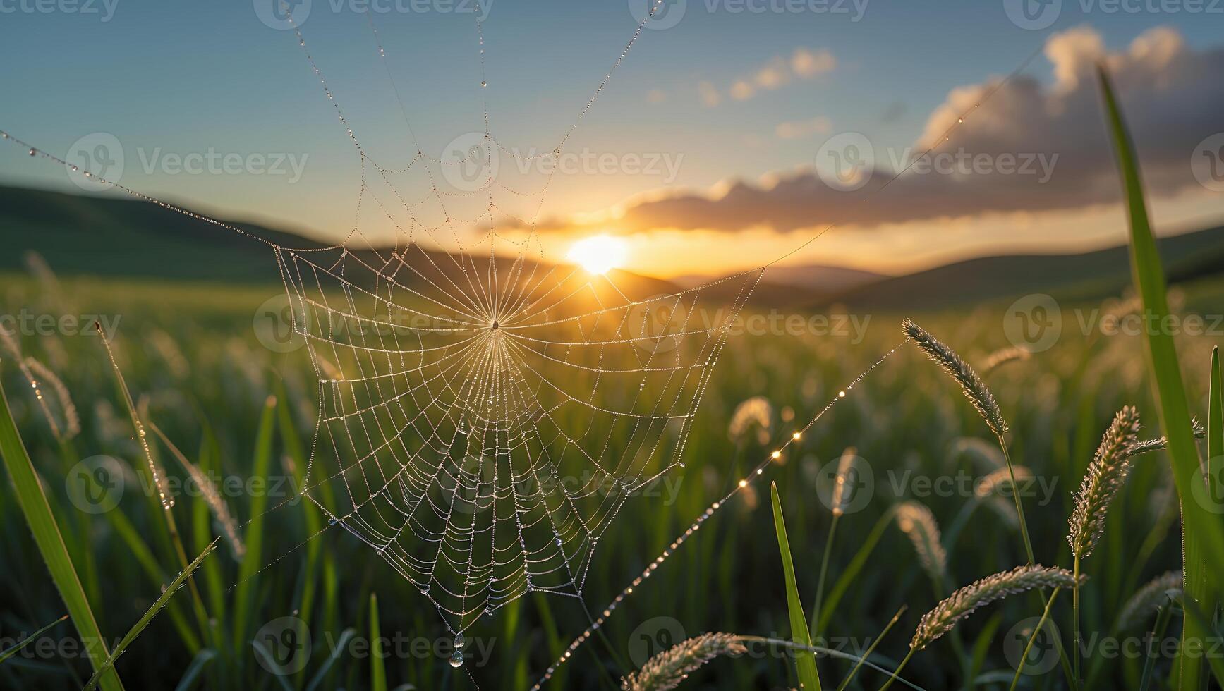 Spiderweb Dew Drops on Field at Sunset photo