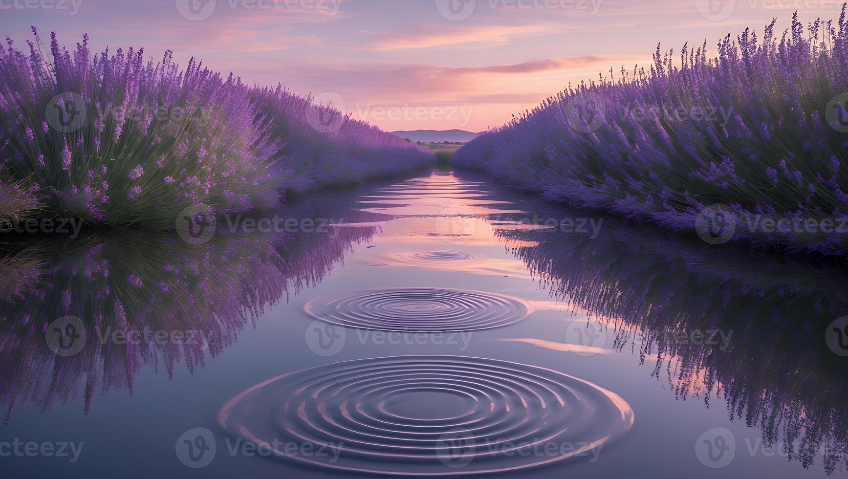 Lavender Field Reflecting in Water at Sunset photo