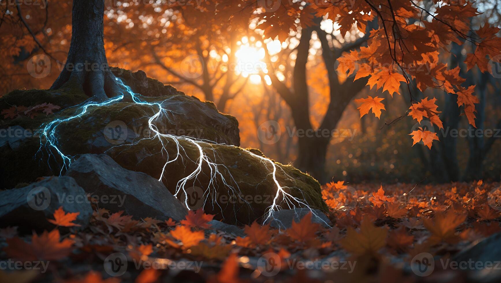 Lightning Strikes Tree on Mossy Rocks in Forest photo
