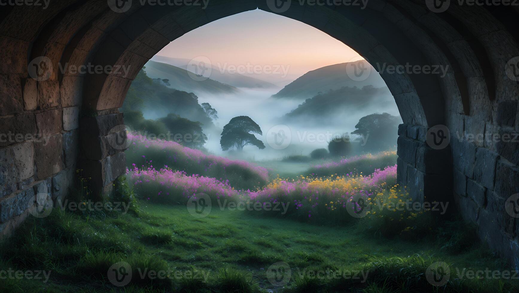 Landscape of Meadow and Fog Through Stone Arch photo