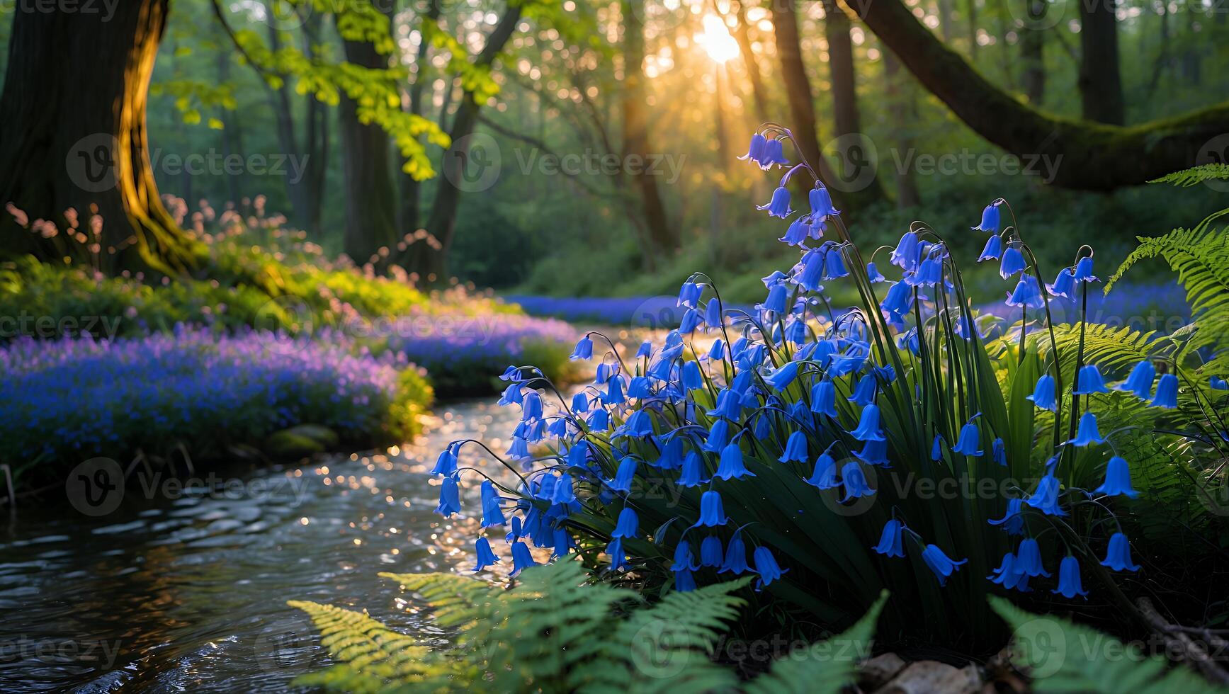Bluebell Flower in Forest with Sunlit Stream Nature Scene photo