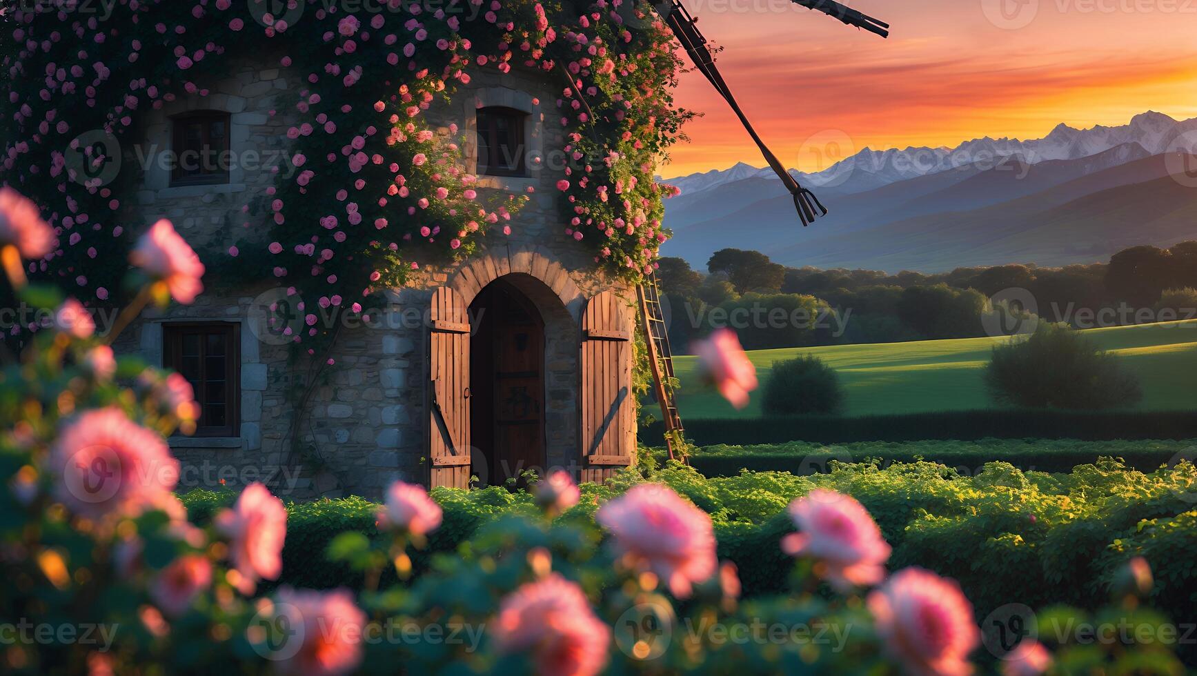 Charming Stone Building Covered in Flowers with Landscape and Sunset photo