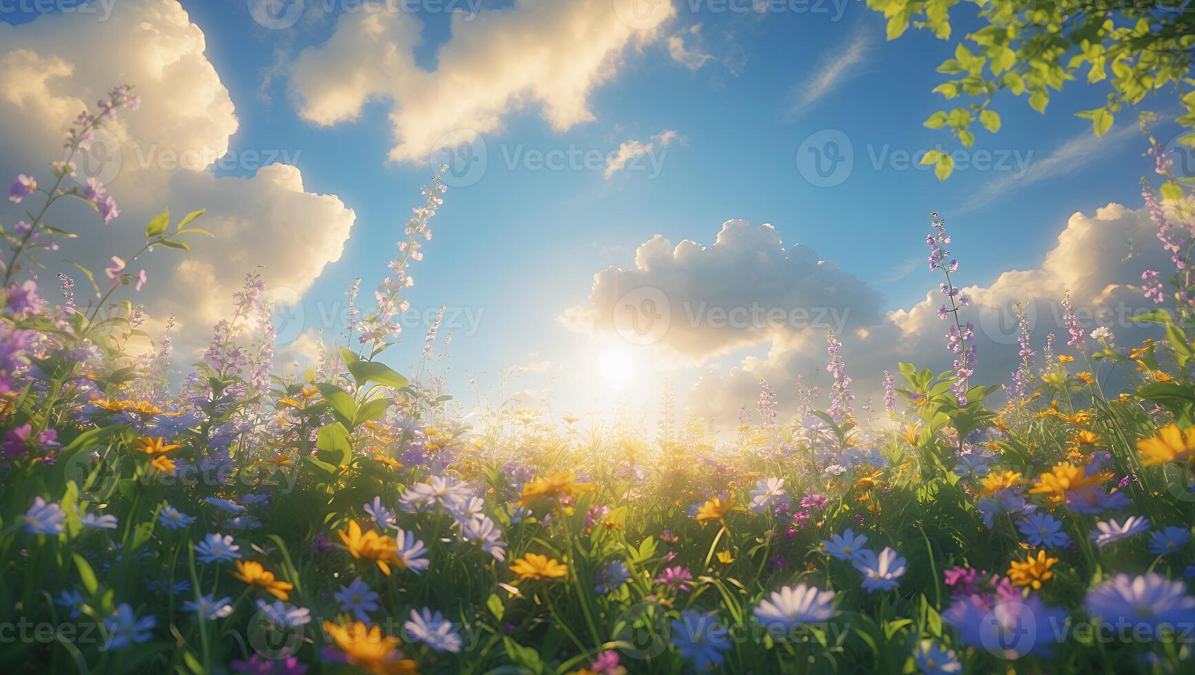 Wildflower Meadow Under Bright Sun and Blue Sky photo