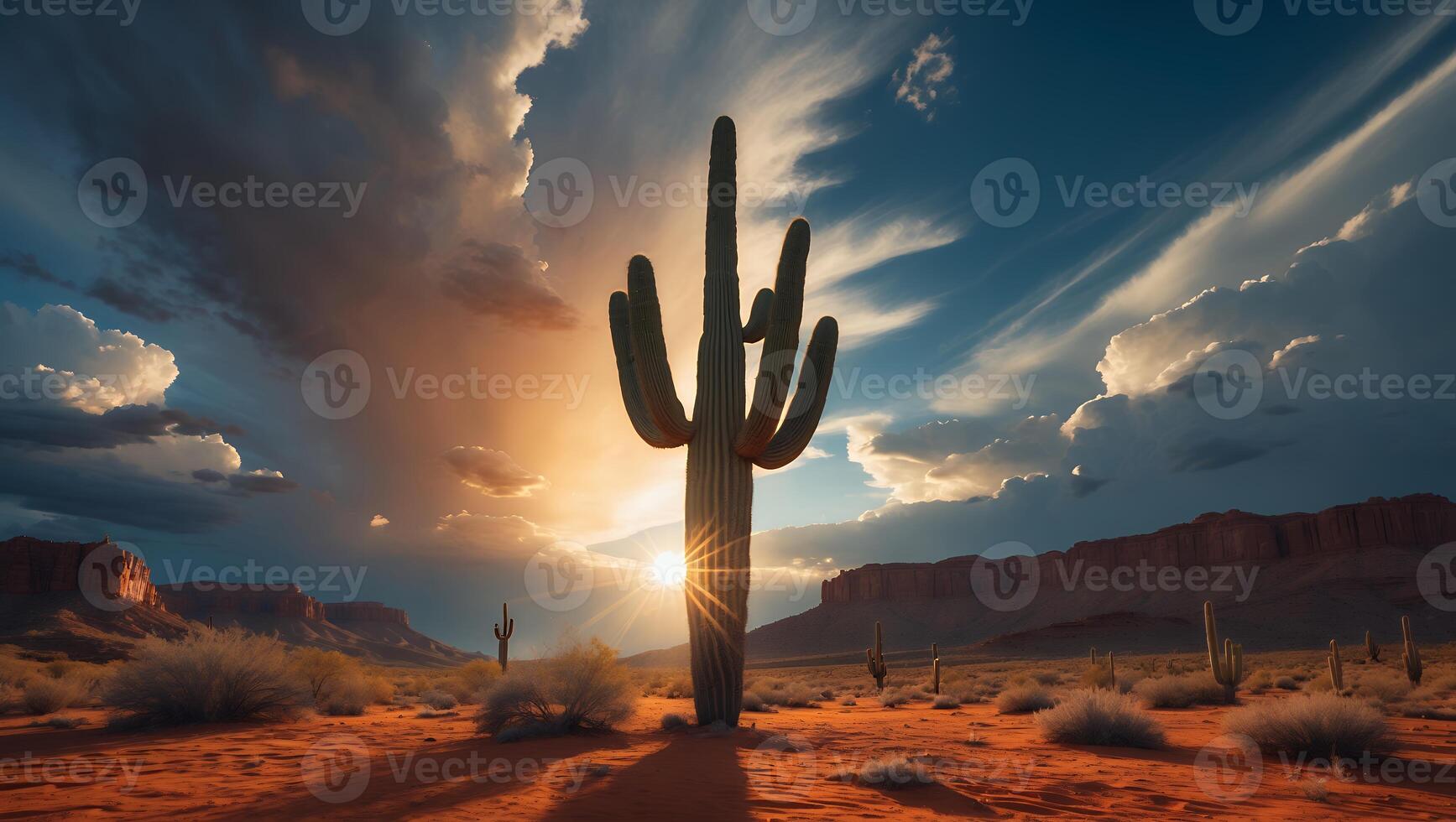 A cactus stands in the desert with the sun setting behind it photo
