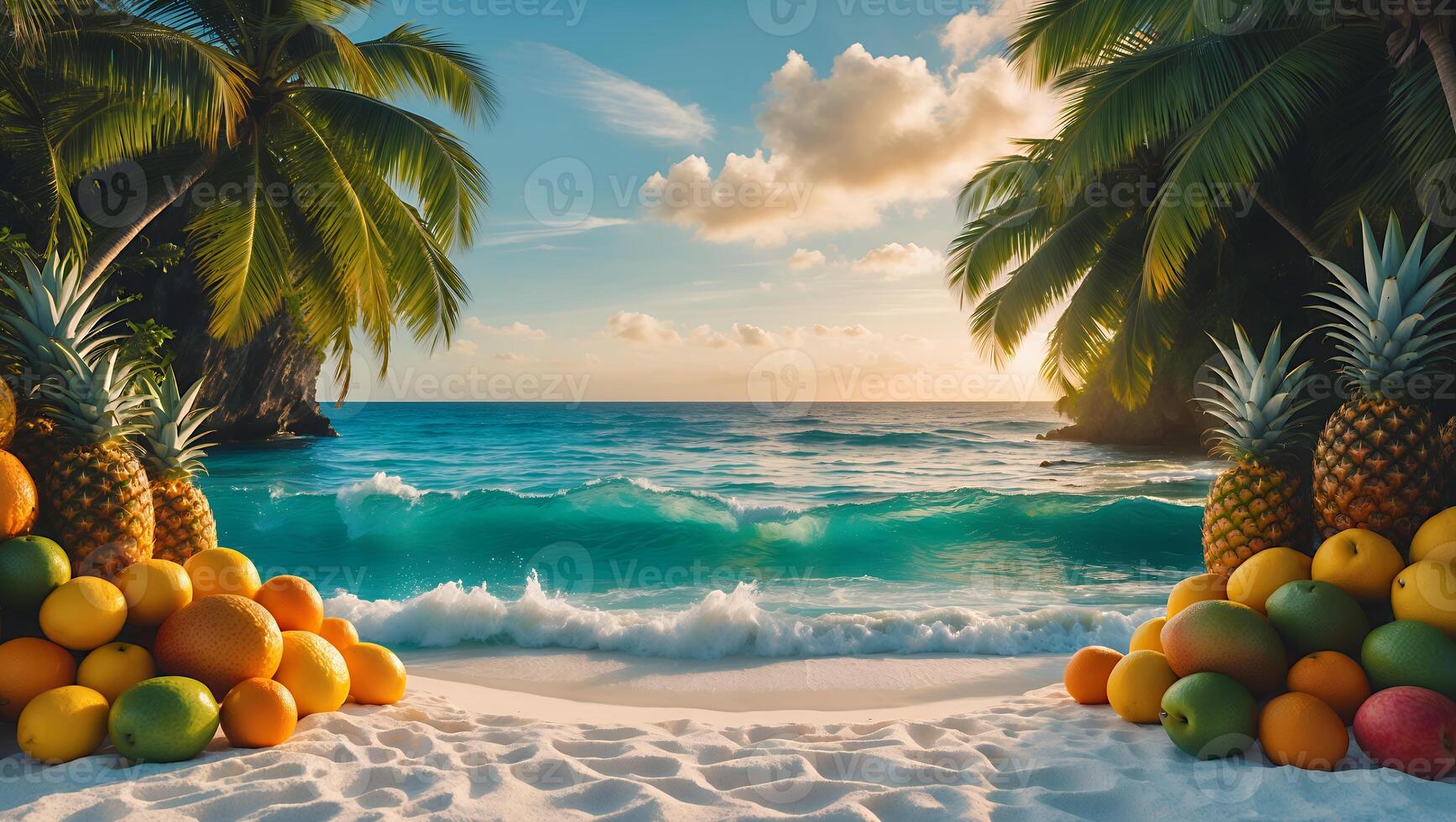 Tropical Beach Scene with Fruit and Palm Trees at Sunset photo