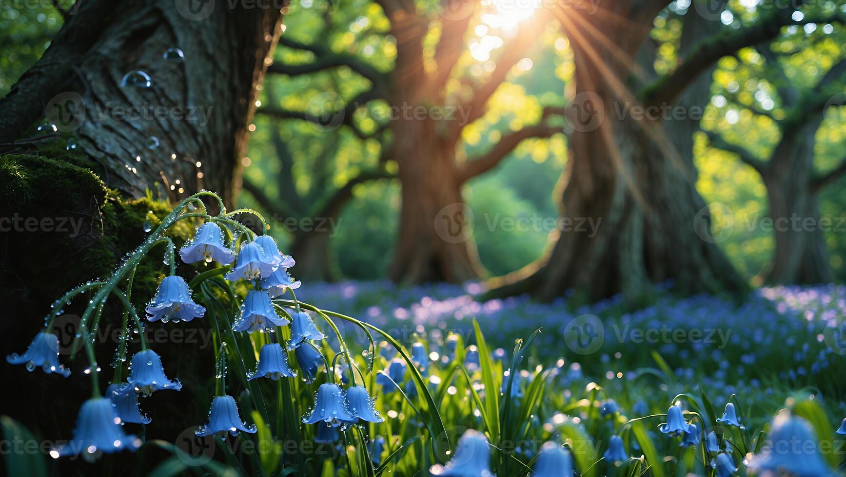 Bluebell Flower in Forest with Sun Rays photo