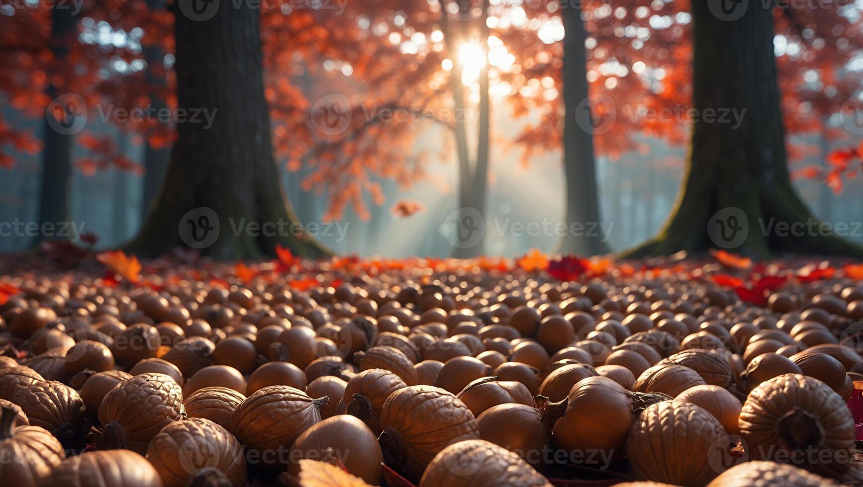 Walnut Autumn Forest Ground Leaves and Sunlight photo