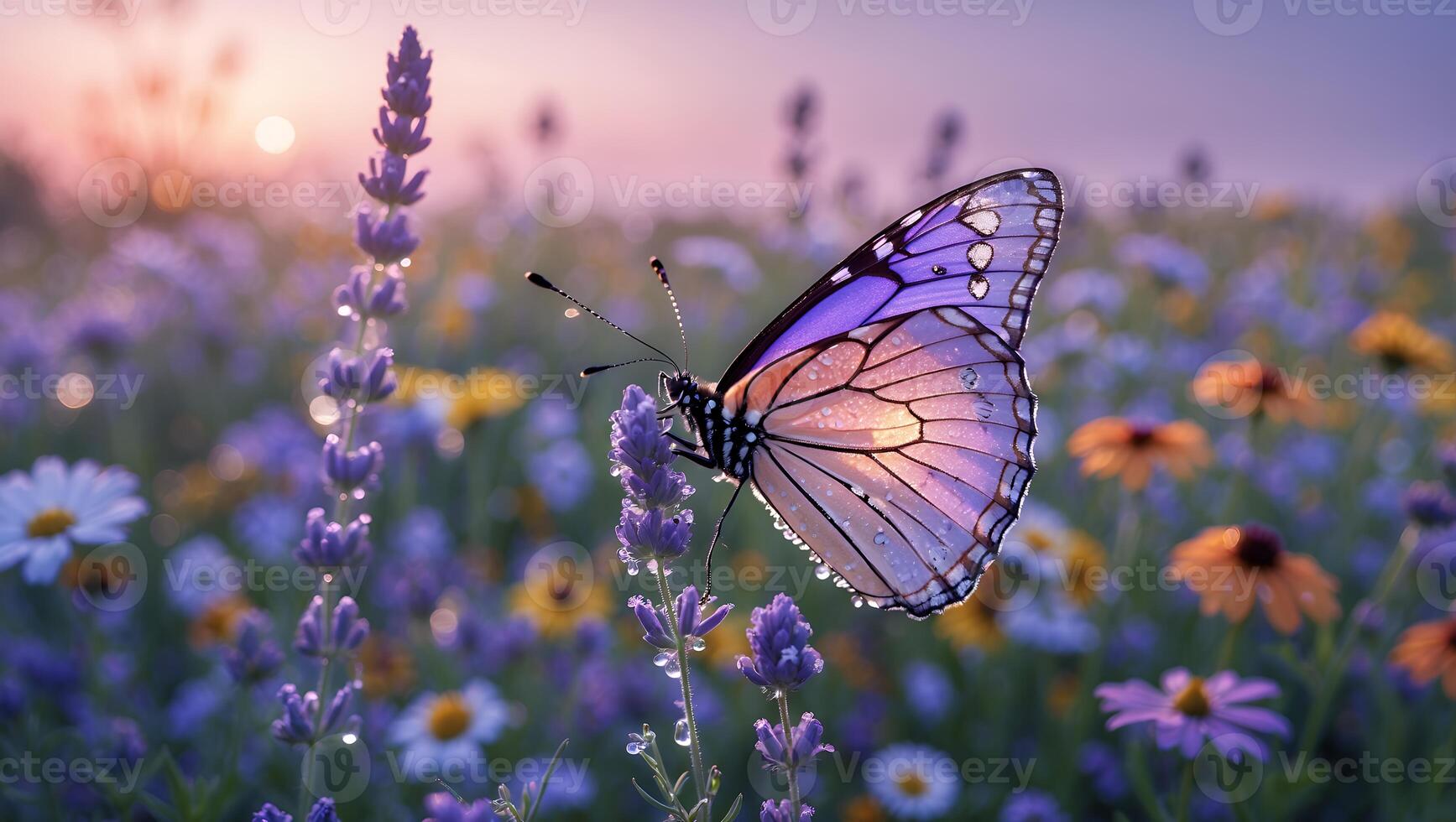 Butterfly on Lavender Flower in Meadow at Sunset photo