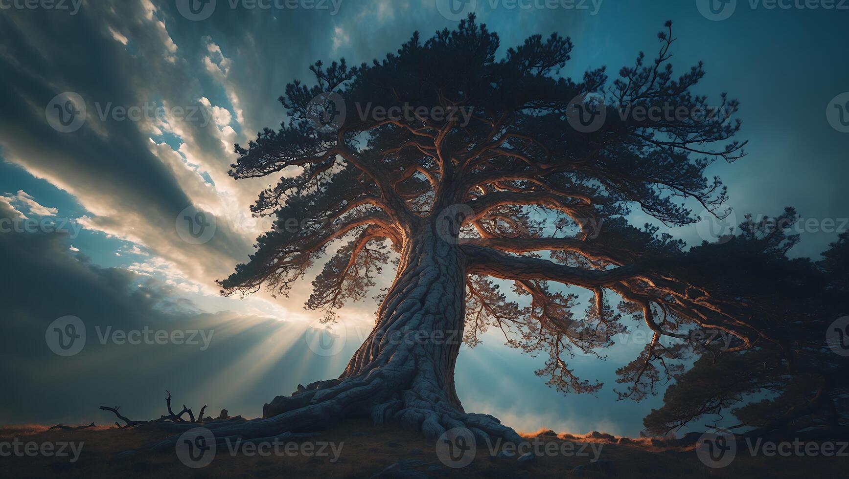 Majestic Tree Silhouette with Sun Rays Shining Through Dramatic Sky photo
