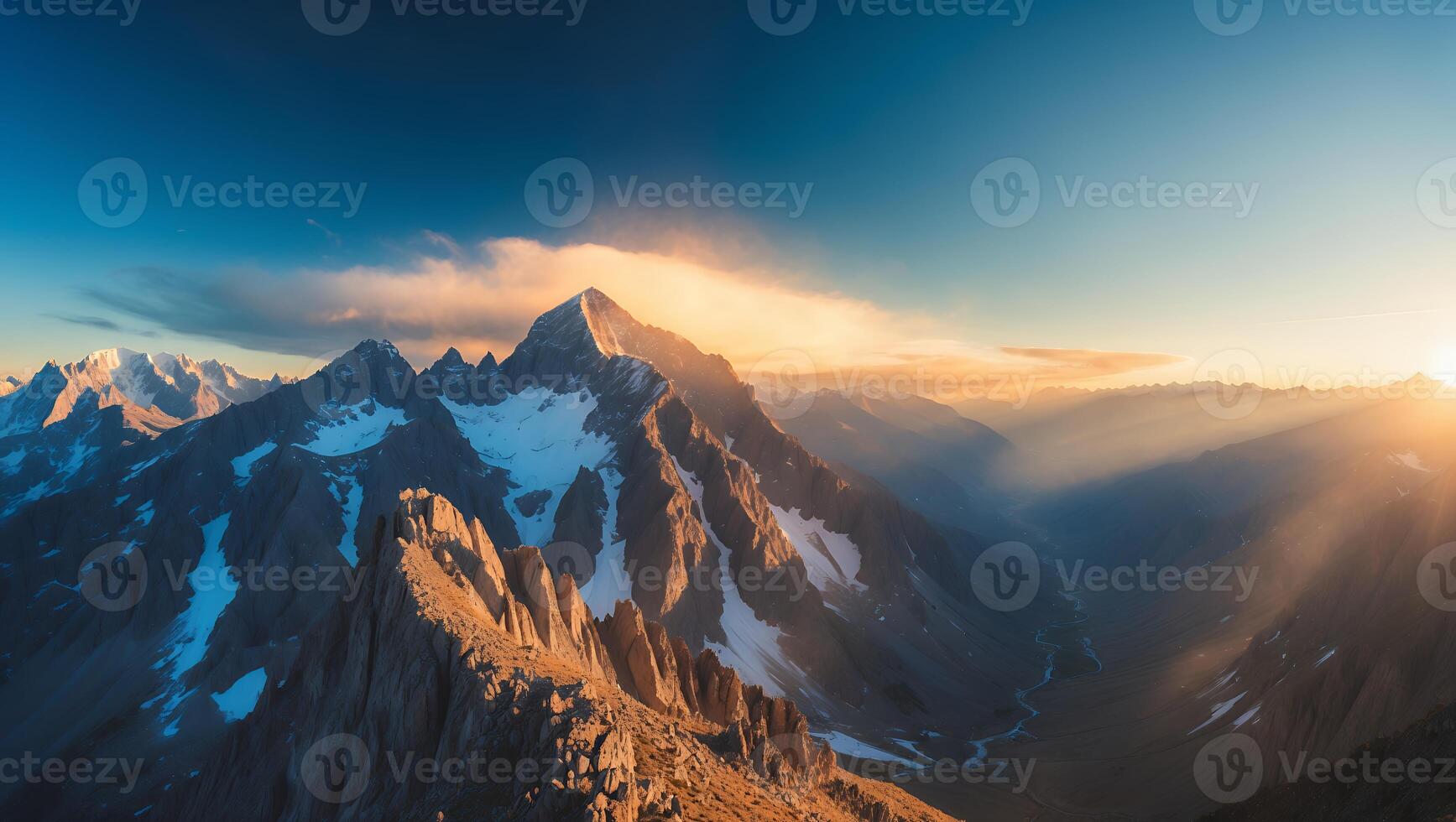 Majestic Mountain Range at Sunrise with Snow-capped Peaks and Golden Light photo