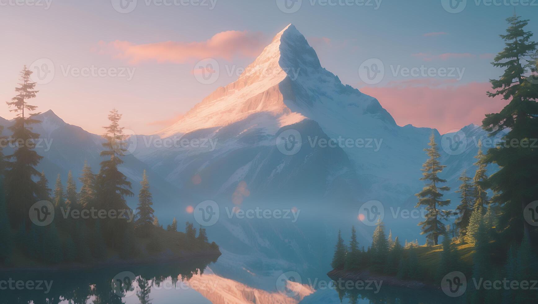 Mountain Peak Reflecting in Lake at Sunset photo
