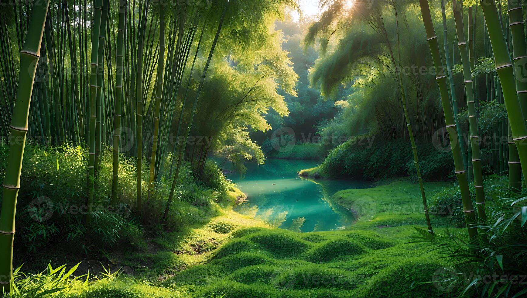 Bamboo Forest and Stream in Serene Landscape photo